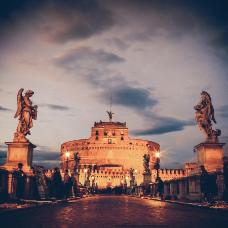 Vintage View of Castel Sant'Angelo from the Ponte Sant'Angelo bridge, Rome.