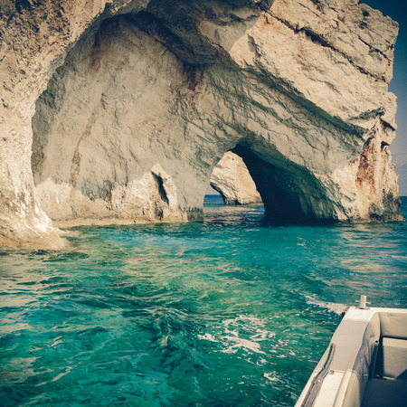 Blue caves close-up on Zakynthos island, Greece - vintage coasterの写真素材