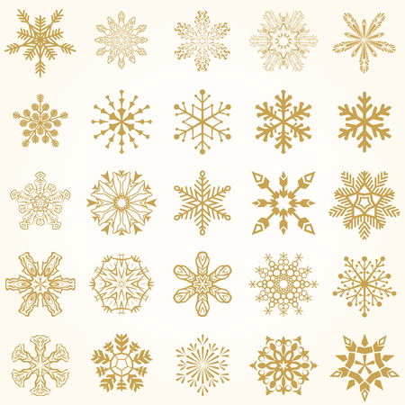Set of vector snowflakes icon. Gold snowflakes icon on gradient background blue and white colorful. Collection graphic art for your design Merry Christmas and Happy New Year.のイラスト素材