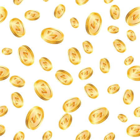 Realistic Gold 3d coins explosion. Isolated on transparent on white background. Seamless wrapping pattern of shiny money rain. Successful win in the casino.のイラスト素材