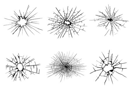 Broken glass, cracks, bullet marks on glass. High resolution. Vector illustration. Texture glass with black holeのイラスト素材