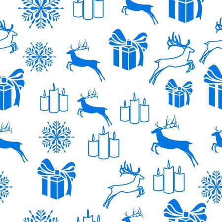 Merry Christmas Blue elements on white background. Seamless graphic pattern made with elements of zentangl and doodle. Wrapping paperのイラスト素材