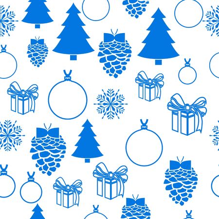 Merry Christmas Blue elements on white background. Seamless graphic pattern made with elements of zentangl and doodle. Wrapping paperのイラスト素材