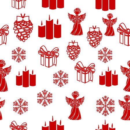 Merry Christmas Red elements on white background. Seamless graphic pattern made with elements of zentangl and doodle. Wrapping paperのイラスト素材