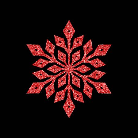 Shining red snowflakes and snow. Merry Christmas card illustration on black background. Sparkling...