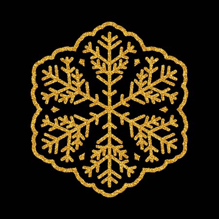 Shining golden snowflakes and snow. Merry Christmas card illustration on black background. Sparkling element with glitter patternのイラスト素材