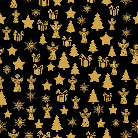 Golden New Year seamless pattern for gift wrapping or cards for the holidays. Easy style in one line, hipster styleのイラスト素材