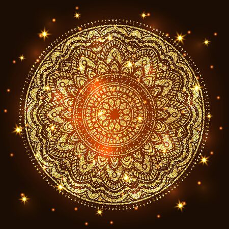 Abstract luxury glitter mandala on dark background with shine light. Ornament elegant invitation for wedding card. Gift invite with royal motif. Backdrop cover is illustration vector designのイラスト素材