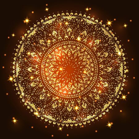 Abstract luxury glitter mandala on dark background with shine light. Ornament elegant invitation for wedding card. Gift invite with royal motif. Backdrop cover is illustration vector designのイラスト素材