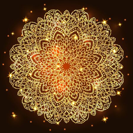 Abstract luxury glitter mandala on dark background with shine light. Ornament elegant invitation for wedding card. Gift invite with royal motif. Backdrop cover is illustration vector designのイラスト素材