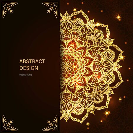 Abstract luxury glitter mandala on dark background with shine light. Ornament elegant invitation for wedding card. Gift invite with royal motif. Backdrop cover is illustration vector designのイラスト素材