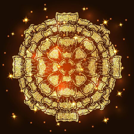 Abstract luxury glitter mandala on dark background with shine light. Ornament elegant invitation for wedding card. Gift invite with royal motif. Backdrop cover is illustration vector designのイラスト素材