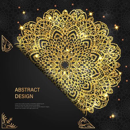 Abstract luxury glitter mandala on dark background with shine light. Ornament elegant invitation for wedding card. Gift invite with royal motif. Backdrop cover is illustration vector designのイラスト素材