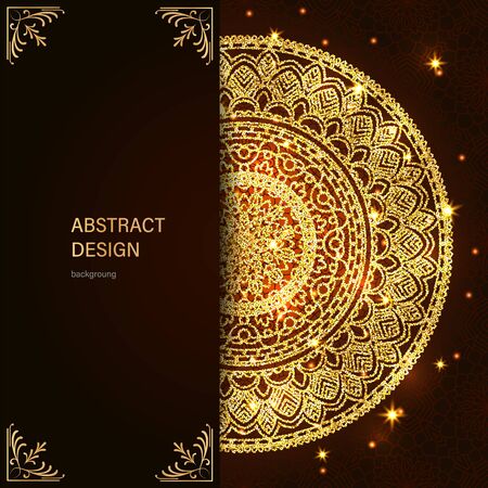 Abstract luxury glitter mandala on dark background with shine light. Ornament elegant invitation for wedding card. Gift invite with royal motif. Backdrop cover is illustration vector designのイラスト素材