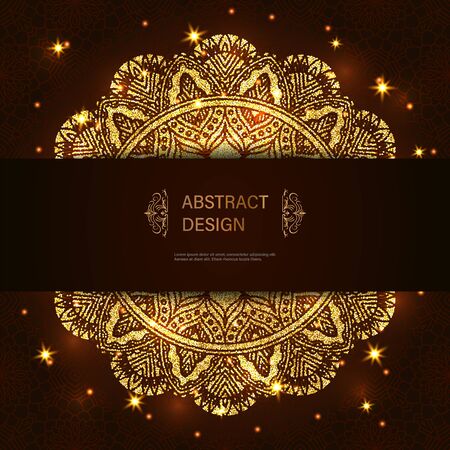 Abstract luxury glitter mandala on dark background with shine light. Ornament elegant invitation for wedding card. Gift invite with royal motif. Backdrop cover is illustration vector designのイラスト素材