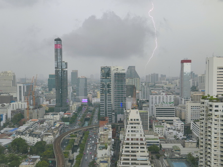 Bangkok,Thailand - April  29: lightning phenomena as south westerly wind hit north easterly wind hit each other approaching bangkok downtown business area on the April 29,2017 in Bangkok,Thailandのeditorial素材