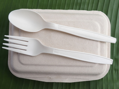 bioplastic spoon fork lunch box on banana leafの写真素材