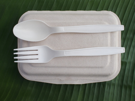 bioplastic spoon fork lunch box on banana leavesの写真素材