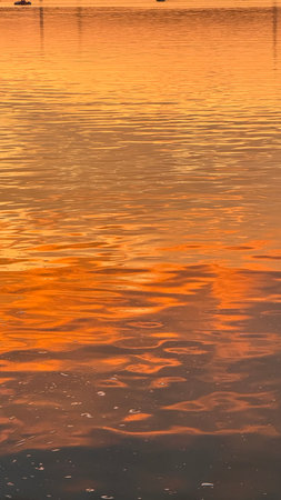 Reflection of the sun in the water of the lake at sunsetの写真素材