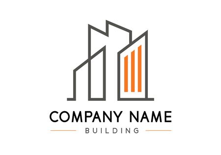 Gray and orange color real building logo on white background, creative brand business company, Architecture vector and construction designのイラスト素材