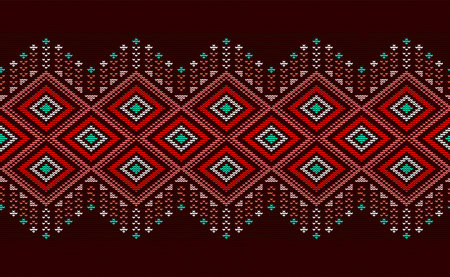 Knitted ethnic pattern, Vector cross stitch crochet background, Embroidery repetitive Boho style, Red and white pattern zigzag illustration, Design for fabric, ceramic, curtain, wall artのイラスト素材