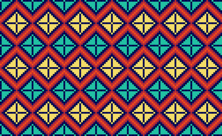 Pixel ethnic pattern, Vector embroidery ornament background, Geometric repetitive triangle style, Red and yellow pattern geometric continuous, Design for textile, fabric, art, tile, blanketsのイラスト素材