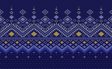 Crochet pattern, Vector cross stitch ornament background, Knitted ethnic seamless geometry style, Purple and yellow pattern ornamental thread, Design for textile, fabric, batik, curtain, pillowsのイラスト素材