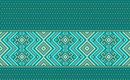 Pixel ethnic pattern, Vector embroidery jacquard background, Geometric handcraft beautiful style, Green pattern ornament endless, Design for textile, fabric, carpet, wrapping, tapestriesのイラスト素材