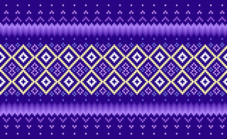 Pixel ethnic pattern, Vector embroidery ornate background, Geometric retro zigzag style, Purple and yellow pattern knitting continuous, Design for textile, fabric, ceramic, digital print, tapestriesのイラスト素材