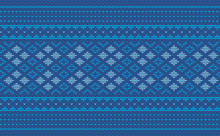 Crochet pattern, Vector cross stitch knitting background, Knitted ethnic decorative square style, Blue pattern oriental thread, Design for textile, fabric, carpet, print, tapestriesのイラスト素材