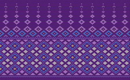 Knitted ethnic pattern, Vector cross stitch knitting background, Embroidery decorative square style, Purple and white pattern oriental thread, Design for textile, fabric, carpet, print, tapestriesのイラスト素材