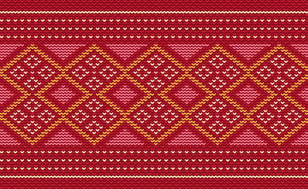 Vector cross stitch oriental background, Knitted ethnic pattern, Embroidery retro jacquard style, Red and orange pattern square native, Design for textile, fabric, carpet, rug, fibresのイラスト素材