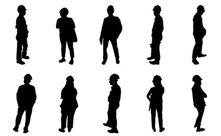 Construction engineer silhouette, Architect man and woman safety action , Vector group manager standing on white background, Icon vector engineer manager team set, Design for logo, website, symbolのイラスト素材