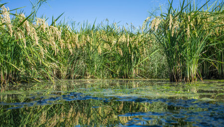 Mature rice plants full of grains growing in paddy fields, Vegas Bajas del Guadiana, Spain....