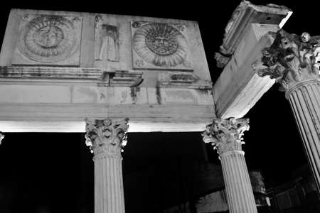 The Roman Forum at night. Archaeological area in MÃ©rida, Spain
