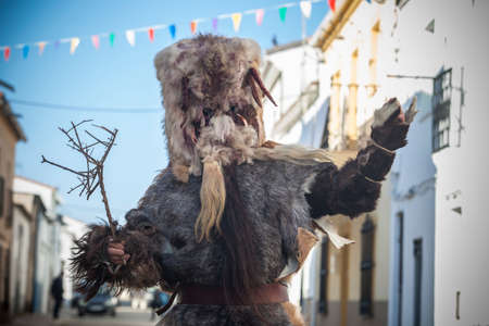 Caceres, Spain - Jan 20th, 2022: Grotesque mask from Carantonas Festival of Acehuche, Caceres, Spain. Festival of National Tourist Interestのeditorial素材