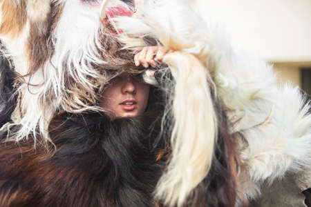 Caceres, Spain - Jan 20th, 2022: Grotesque mask from Carantonas Festival of Acehuche, Caceres, Spain. Festival of National Tourist Interestのeditorial素材