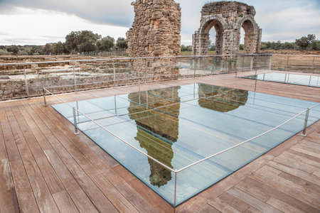 Protective glass floor at Roman site of Caparra, Crossroad ancient city ruins at Silver Route, Via de la Plata, Caceres, Spainの写真素材