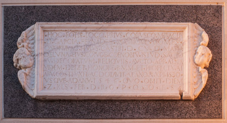Marble plaque erected by Manrique de Lara in 1546. Garcia Fernandez Manrique de Lara y Toledo, count of Osorno and first Duke of Galisteo. Galisteo, Spainの写真素材