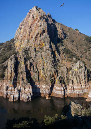 Leap of the Gypsy rockface. Monfrague National Park, Caceres, Extremadura, Spain.の写真素材