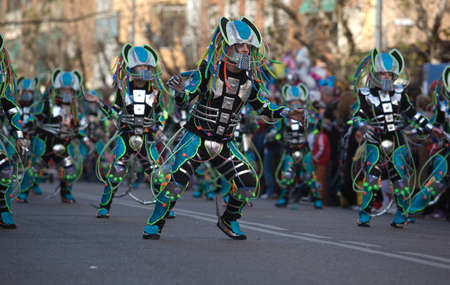 BADAJOZ, FEBRUARY 12: Performers take part in the Carnival parade of comparsas at Badajoz City, on February 12, 2013. This is one of the best carnivals in Spain, renown by all the national news media and especially highlighting massive participation of peのeditorial素材