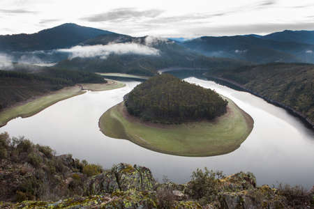 Morning mist at Alagon River Meander called The Melero, at Riomalo de Abajo, Hurdes, Spain