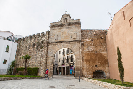 Plasencia, Spain - February 15, 2017: Medieval Sun Door, Puerta de Sol. Gate in the wall that...