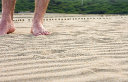 Feet of young man standing in sand with green bushes at the bottomの写真素材