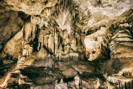 Stalactites and Stalagmites in the Famous Magnificent Nerja Caves, Andalusia, Spain