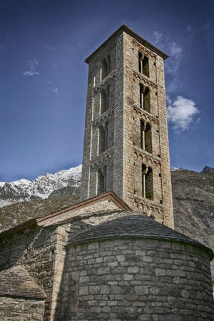 Tower and apse of the church of Santa Eulalia de Erill-la-Vall, in the Boi Valley, Lleida province, Catalonia, Spainの写真素材