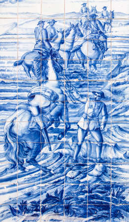 Lisbon, Portugal - Feb 10th, 2020: 19th Century cavalry unit scene on glazed tiles wall at Portuguese School of Equestrian Art buildingのeditorial素材