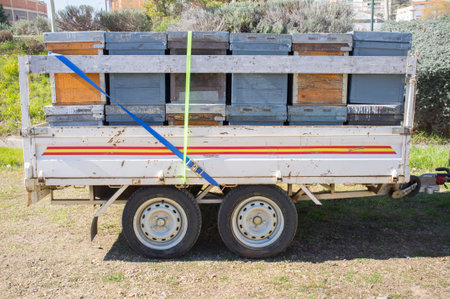 Trailer load with wooden hives ready to move. Beekeepers periodically moves their hives to get better flower fieldsの写真素材