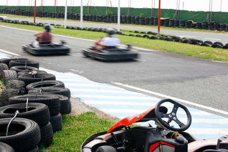 Unknown pilots having fun at karting track , Spainのeditorial素材