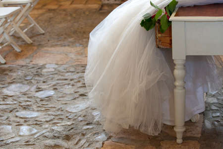 Red and white bouquet and decoration flowers during the wedding ceremonyの写真素材